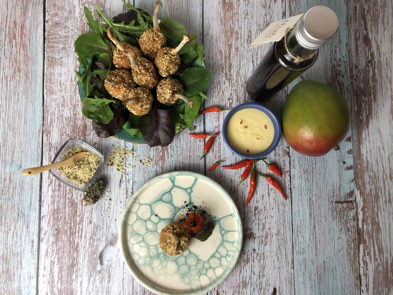 Chicken lollies with hemp seed crust