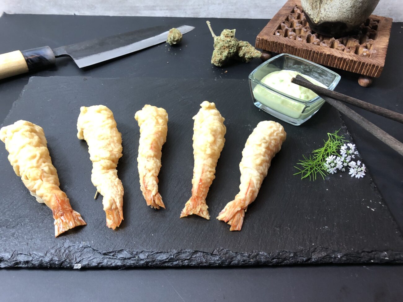 Tempura prawns with infused edamame dip